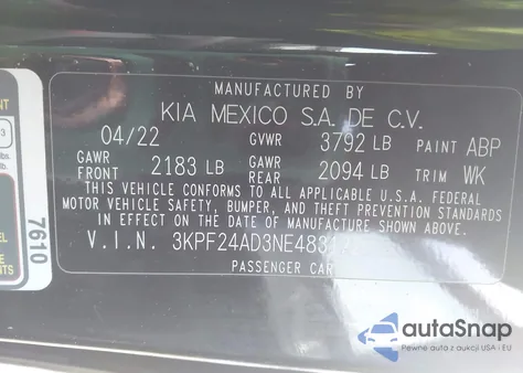 2022 Kia Forte Lxs из США, поврежденный, VIN 3KPF24AD3NE483172